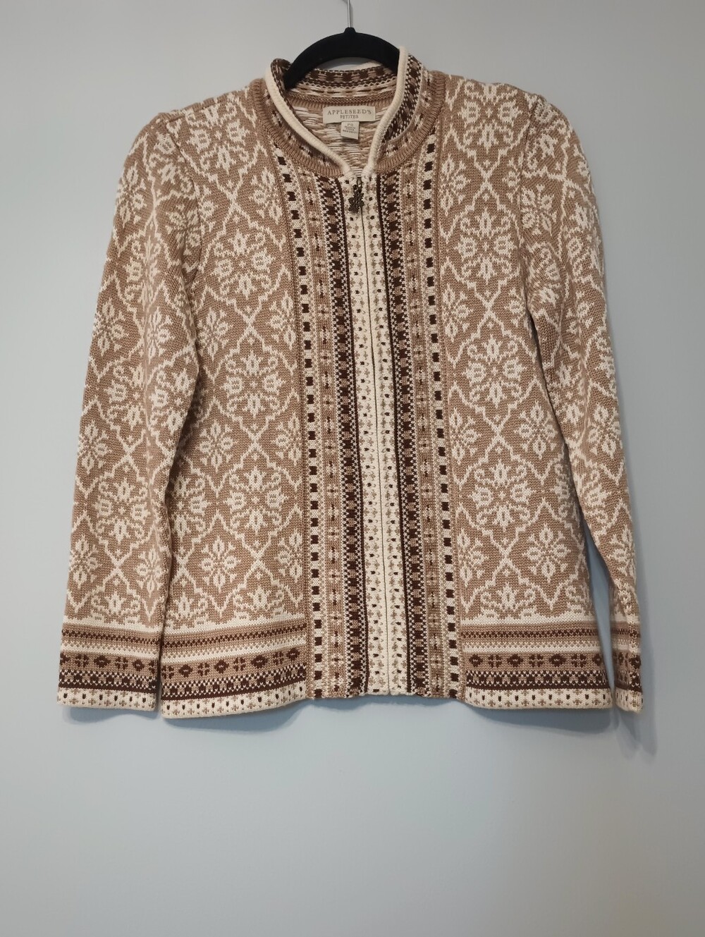 Appleseed's Snowflake Nordic Zip-Front Wool Blend Sweater PS